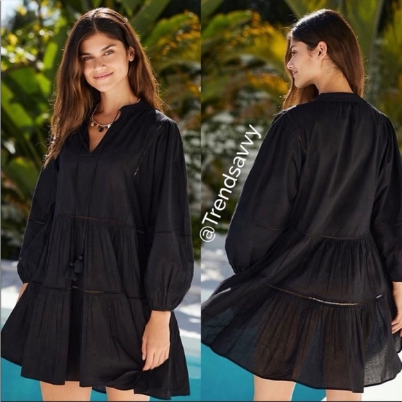 Anthropologie Seafolly Black Coverup Dress Boho Beach Swim Mini Size M/L NWT - Picture 5 of 5